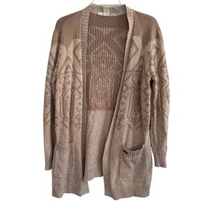 Roxy Beige Open Front Boho Cardigan Knit Long Aztec Tribal Size  M/L